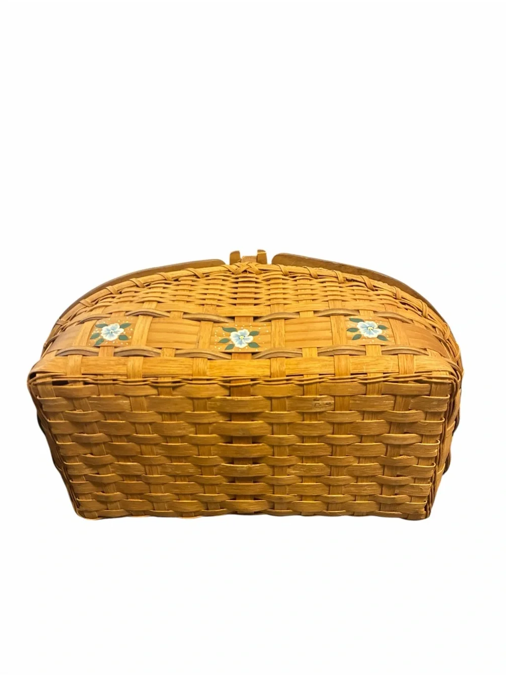 Vintage Hand Painted Plum Floral Woven Wood Double Lid Picnic Basket Brown Large